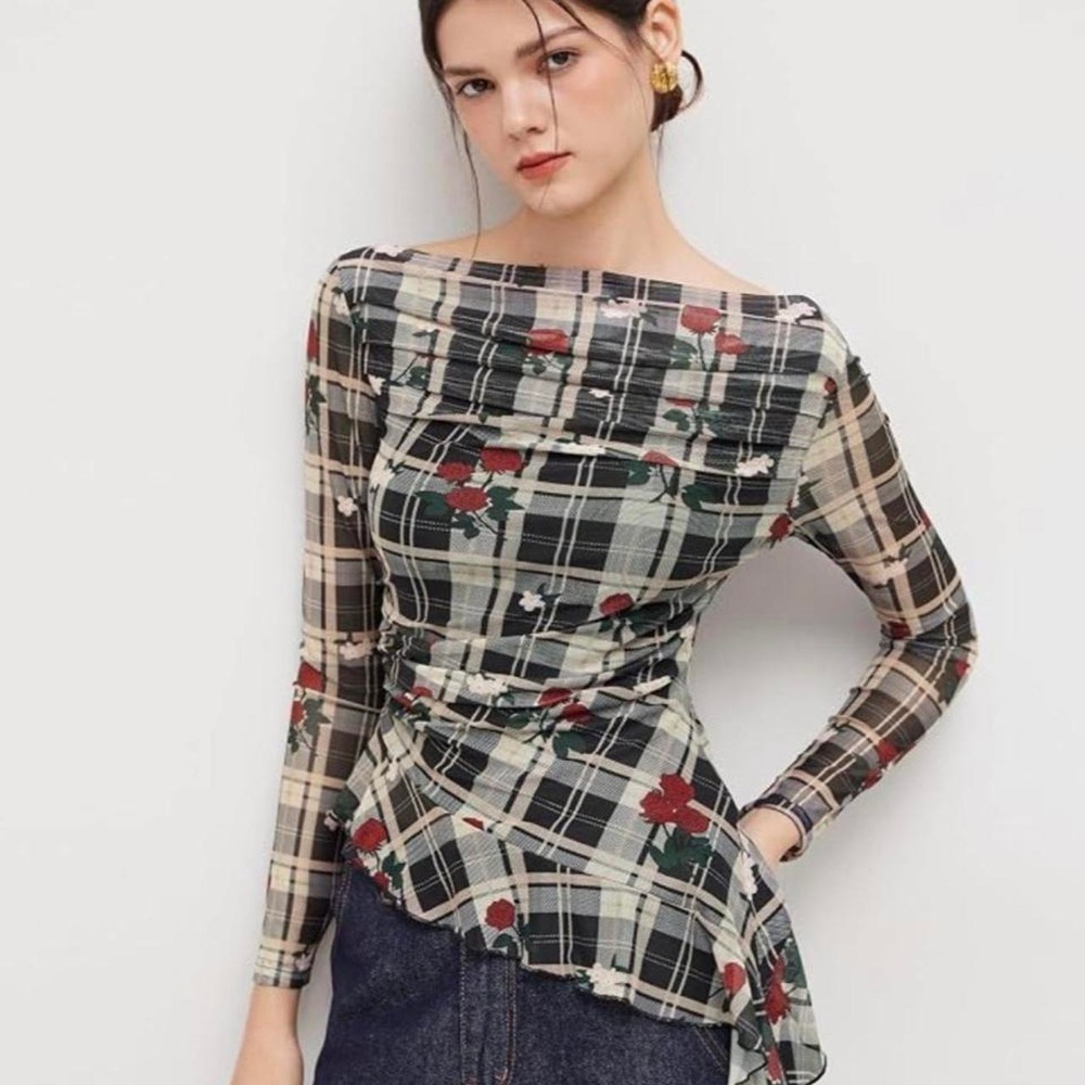 T Cider long sleeve mesh top featuring a romantic plaid print with red rose